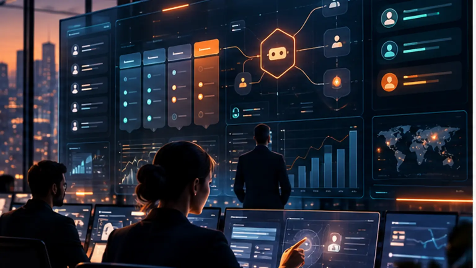 Equipe executiva usando painéis de IA e automação em uma mesa de decisão
